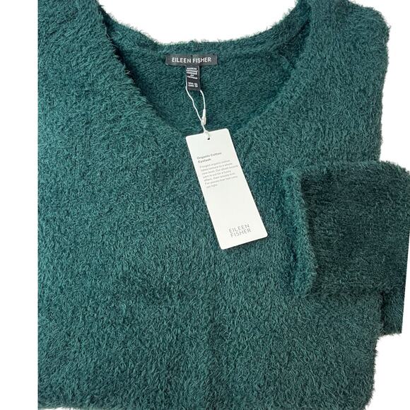 $278 Eileen Fisher Organic Cotton Eyelash V-Neck Sweater | Sz XS, Pine Green NEW - Picture 2 of 10